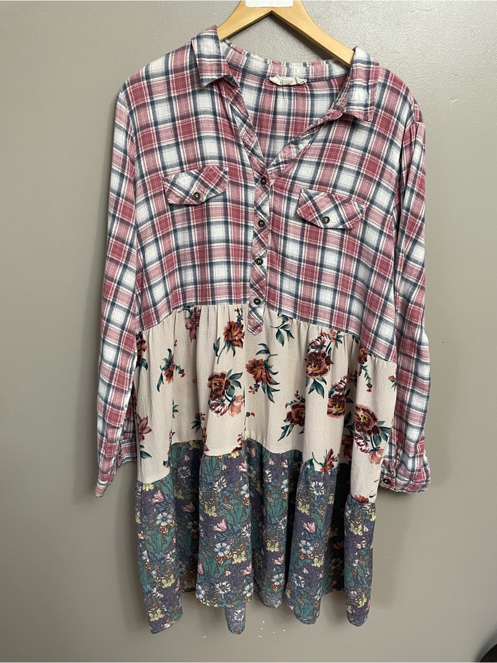ODDI 3XL Dusty Pink Plaid Tier Floral Shirt Dress